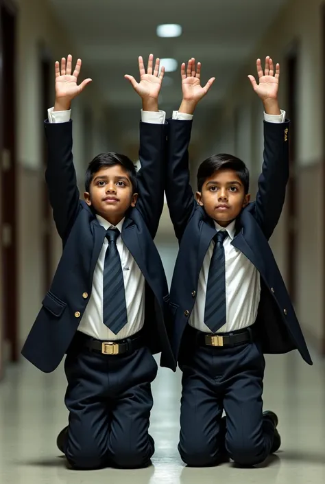 Two 1 indian boys wearing shirt long sleeve with school tie and trousers and belt and coat kneeling in the corridor with their hands raised straight high up above their heads 