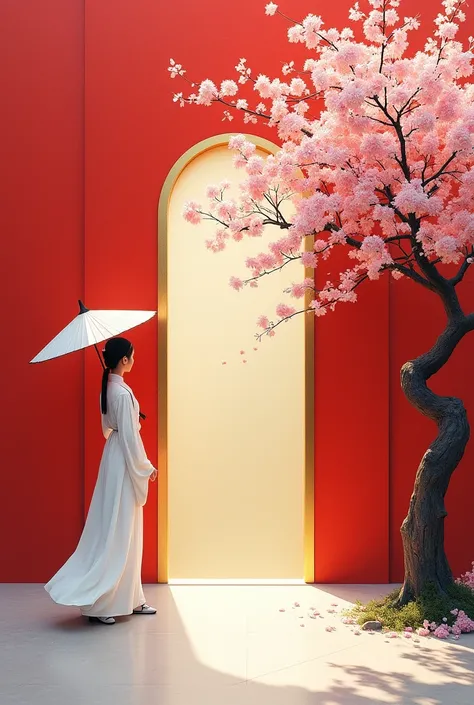 Rock color board painting，3D Secret Realm，Highly saturated color，Red wall，gold，White background，一棵plum bossom树，plum bossom，A woman in ancient costume holding an umbrella passes by the door，Wearing a long white dress，Minimalism，Minimalist composition，HD，lev...