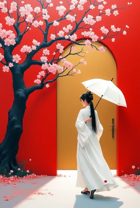 Rock color board painting，3D Secret Realm，Highly saturated color，Red wall，gold，White background，一棵plum bossom树，plum bossom，A woman in ancient costume holding an umbrella passes by the door，Wearing a long white dress，Minimalism，Minimalist composition，HD，lev...