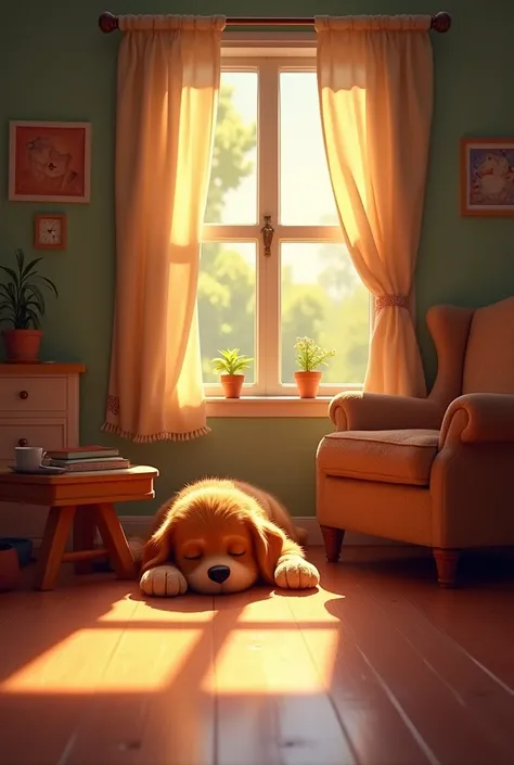 very detailed image in pixar style The screen shows a cozy house at dawn, where a dog is sleeping in different places.