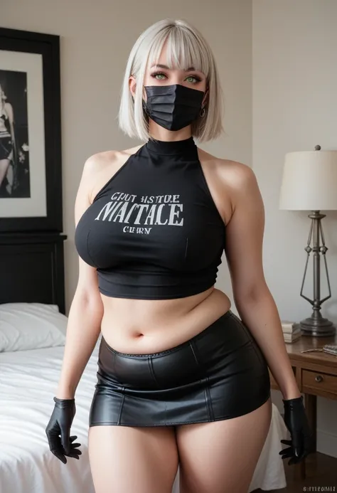 White Haired Girl,With bangs, Black gloves, Crop top, skirt, Goth, Green Eyes,4K, masterpiece, Perfect body, Dry,Perfect Eyes, Perfect Shading, Perfect lighting, Highest quality, Artwork, Super detailed, Detailed clothing、Chubby、(Black enamel face mask)、La...