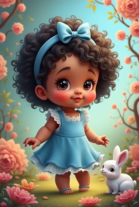 Alice in Wonderland baby with curly black hair and a bow with a headband, blue clothes and brown skin in the shape of a cartoon
