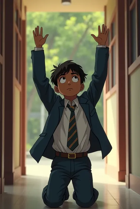 One  1 indian boy wearing shirt long sleeve with school tie and trousers and belt and coat kneeling in the corridor leaning against the wall with their hands raised straight high up above their heads 