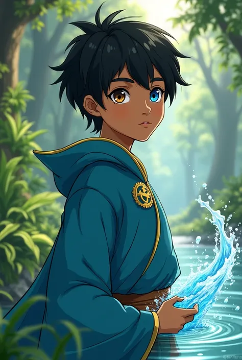 Based on the cartoon Avatar: The Last Airbender, create a waterbending boy who also dominates plants, at the age of , fair brown-skinned, blackquality hair, with one brown eye and one blue eye, with their clothes in blue and turquoise colors