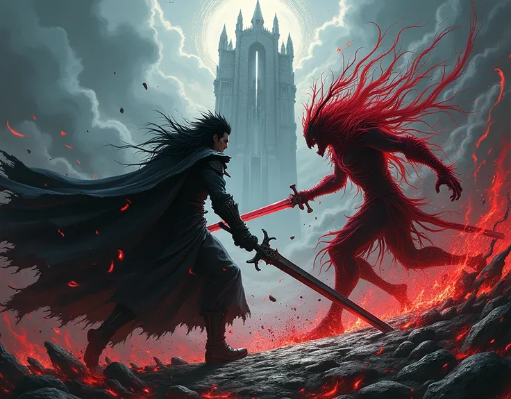 Guts vs femto ,Spike hair, gods hand battle field, blood , long long sword giant Slash , castle
 background
