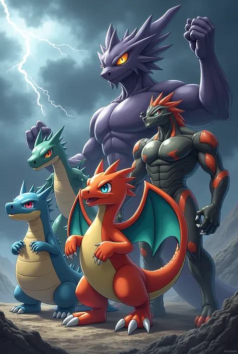 A team of Pokémon Charizard Gengar Gyarados Machamp Steelix Electivire 
