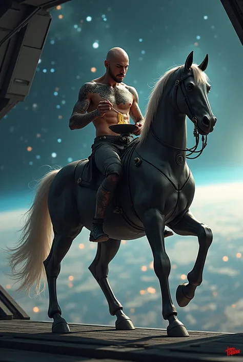 The upper body of the Centaur is a human bald tattoo image，Eating a bowl of noodles on horseback with chopsticks in hand，The lower body is a mechanical horse body，Equipped with advanced thrusters，Standing on the deck of a spaceship，The background is the br...