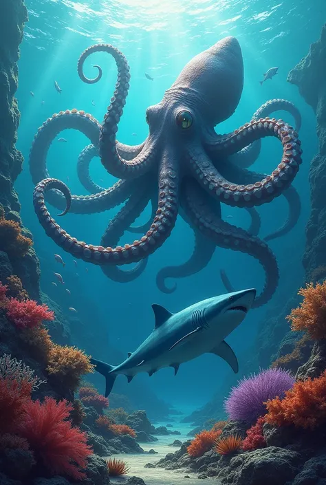 octopus , Giant sharks,coral  