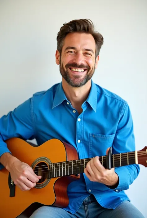 make a picture of a man with a blue shirt, sitting with the guitar on his lap. This man must be smiling and facing the camera looking at it. every image must be well lit and the background must be white and smooth, i.e., the image should only contain the m...