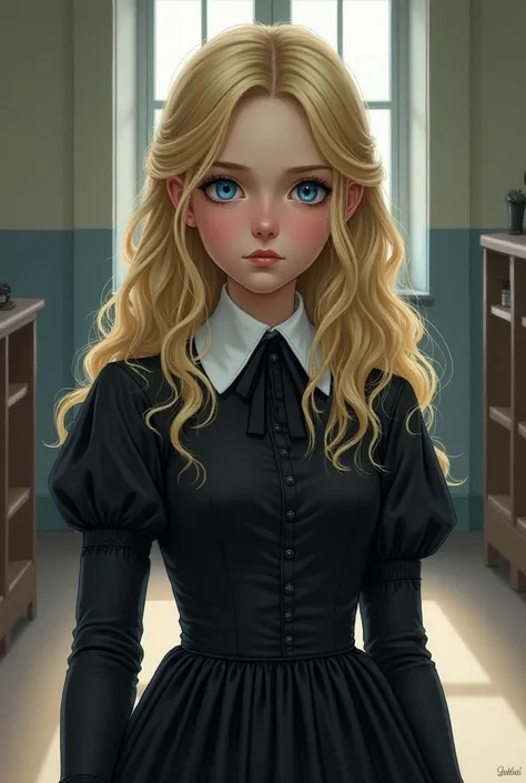 Blonde hair girl with blue eyes, Victorian black dress wavy hair Serious drawing style Teenager with a school background Cold and serious look