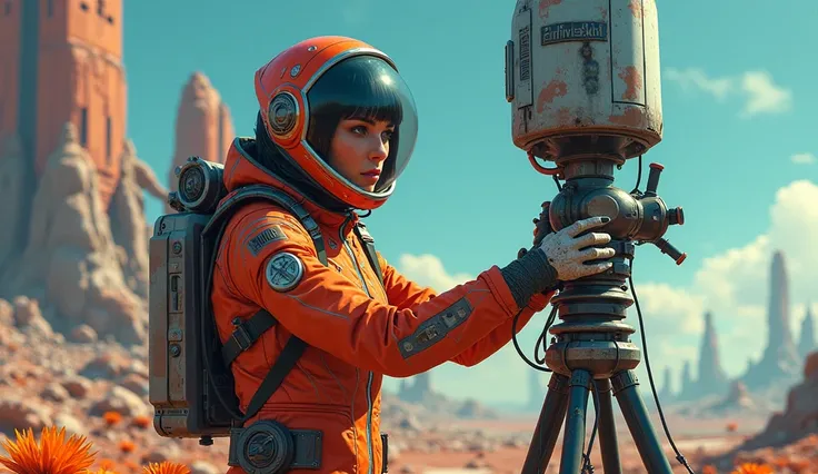 Wearing a colorful space suit and setting up an antenna。A 1 woman taking photos in a futuristic location