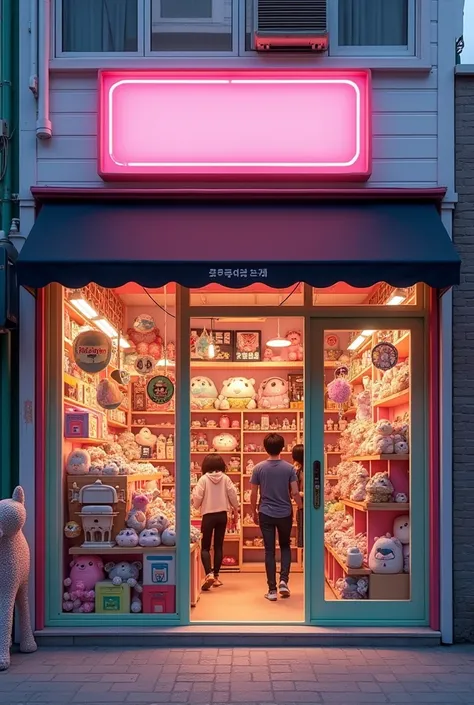 toy store in south korea,  realistic facade, blank sign with pink lights, stuffed animals dolls bears kites toy cats gonggi ddakji , wide windows hyper realistic pastel-colored walls, horse of coins outside, arcade video game outside, a skull sign in the w...