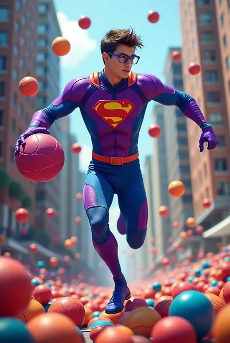 A nerdy super hero whose power is to control bouncy balls of all sizes.
His name is “The Bouncy Baller”.

He wears a purple and blue super suit that looks almost like athletics clothes. He throws colorful balls of all sizes