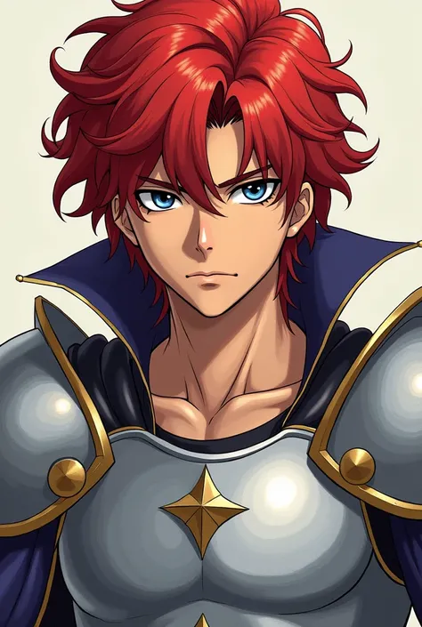 A boy in the style of Knights of the Zodiac (the lost canvas) Red-hair. attractive, handsome, muscular, with silver armor, Art image from the shoulders up, sexy