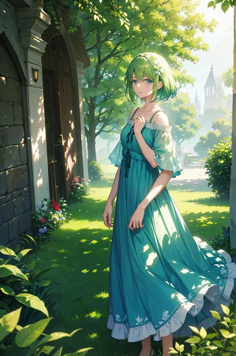 A character with green hair and blue eyes, wearing a flowy summer dress, standing under a large tree with sunlight filtering through the leaves. The scene captures the feeling of a breezy, sunny day