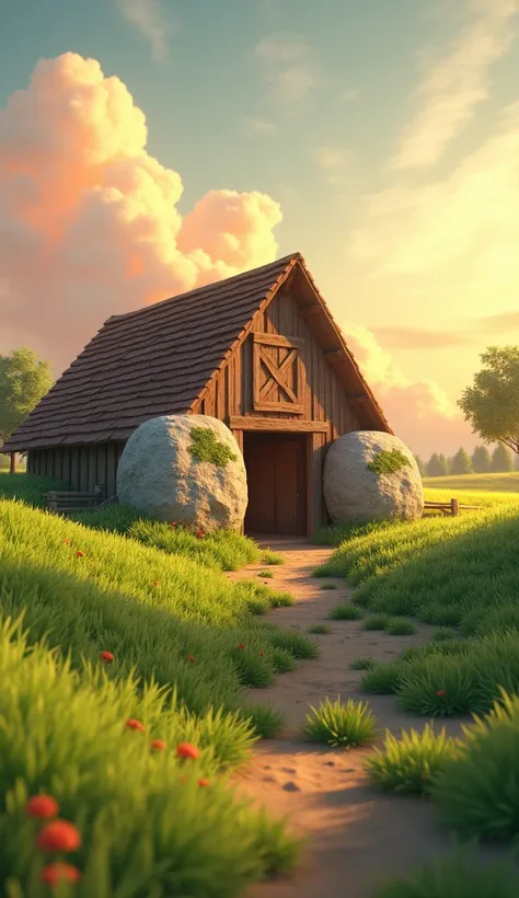 Draw a large stone at the entrance to a farm barn. The farm should be picturesque and detailed, with green fields and a sunrise sky with soft orange and pink tones, in a 3D animated style.