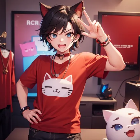 roblox boy with winking cat head , giving jewelry with cute 3d red shirt 