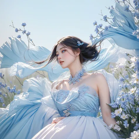 a woman standing in a field of frozen blue flowers, blue dress, fan bingbing, detailed portrait of a woman in a blue dress standing in a flower field, beautiful detailed eyes, beautiful detailed lips, extremely detailed eyes and face, long eyelashes, hyper...