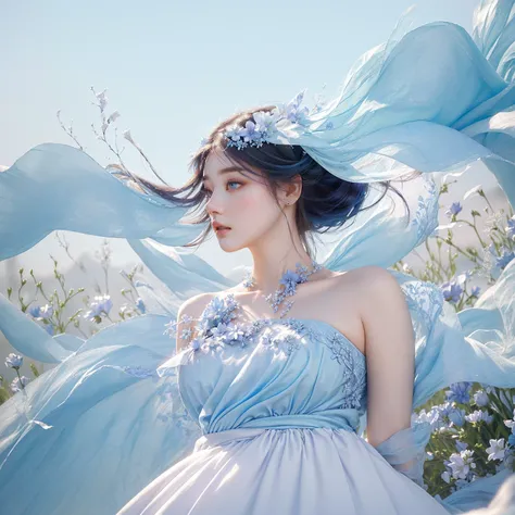 a woman standing in a field of frozen blue flowers, blue dress, fan bingbing, detailed portrait of a woman in a blue dress standing in a flower field, beautiful detailed eyes, beautiful detailed lips, extremely detailed eyes and face, long eyelashes, hyper...