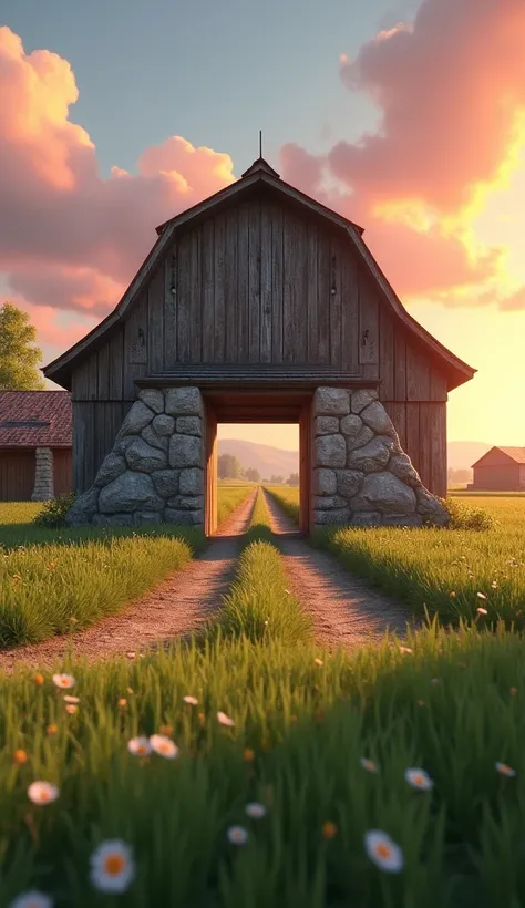 Draw a large stone blocking the entrance to a farm barn. The farm should be picturesque and detailed, with green fields and a sunrise sky with soft orange and pink tones, in a 3D animated style.