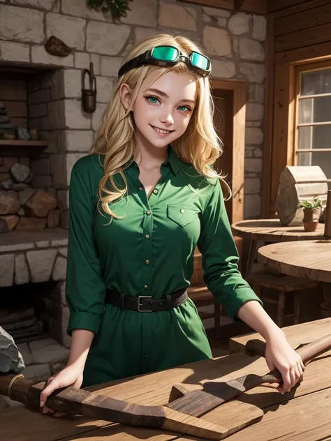 Teenage girl. Living near mountain. Blonde hair. Shes a professional miner. Shes wearing a sexy green clothes. Flat chest. Mining equipment inside her house. Emerald stones on the table. Holding a pickaxe. Mining goggles on her head. Shes so pretty. Beauti...