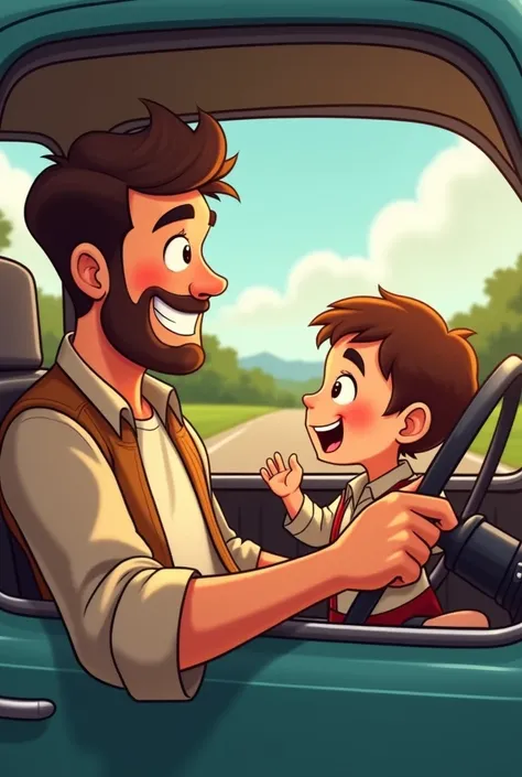 Dad and kid in the car cartoon