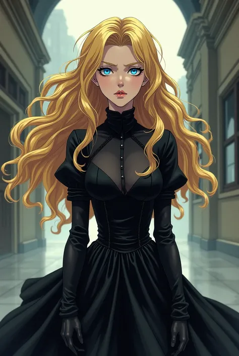 Woman with blonde hair and blue eyes, in a black Victorian dress with wavy hair. Jojo anime drawing style. Teenager with a school background. Cold and serious look.