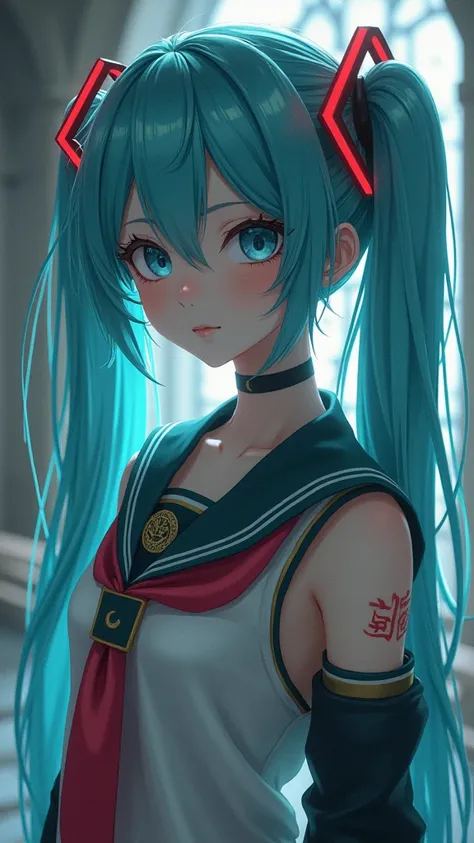 Genius cosplayer girl of Hatsune Miku, intricate detail Highly Detailed Eyes, Faded, Japanese high school sailor suit, ,(Fondo de ruinas de mazmorra en ruinas colored glass background:1.4 ), 16K resolution, RAW, Nikon Z9, Creative, Masterpiece, Fantasy, Hi...