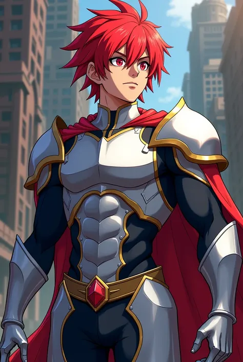 A boy in the style of Knights of the Zodiac (the lost canvas) Red-hair. attractive, handsome, muscular, with silver armor, Art image from the shoulders up, sexy, pose sexy