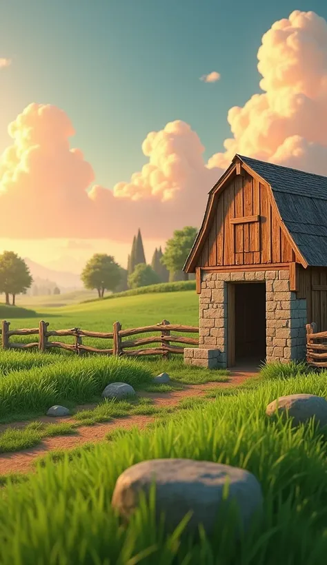 Draw a large stone at the entrance to a farm barn. The farm should be picturesque and detailed, with green fields and a sunrise sky with soft orange and pink tones, in a 3D animated style.