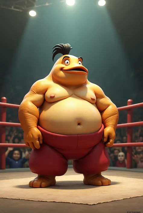 Fat cartoon fish dressed like WWE wrestler yokozuna 

Fat cartoon fish body. Cartoon fish head. Cartoon fish face. Cartoon fish arms. Cartoon fish hands.

Fat sumo. Bulky. Shirtless. 

Red pants. Mawashi

Black man bun hairstyle.

Standing in a wrestling r...