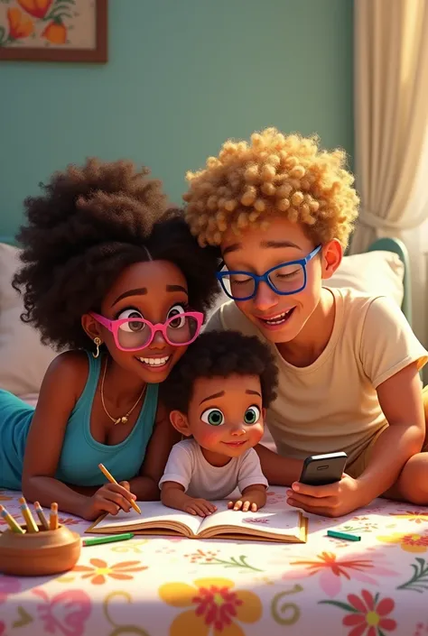 Realismo ao máximo estilo disney mulher brown color, blonde, curly hair Wearing Pink Glasses, clear green eyes, blue dress. Light white man, wearing brown shorts, wearing no shirt, Wearing blue glasses, curly hair, the two lying on a bed with a flowery bed...