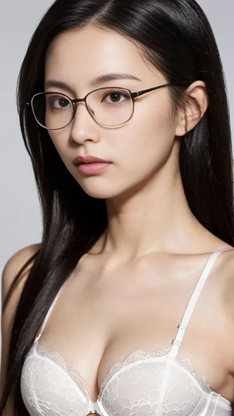 (Highest quality:1.5), (Real:1.4), (Ultra high definition:1.4), (No correction:1.4), (skinny Japanese woman with average size breasts standing front plain background in studio), (A woman wearing black-rimmed glasses), (Very small eyes), (breasts of average...