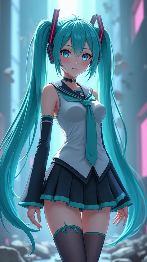 Genius cosplayer girl of Hatsune Miku, intricate detail Highly Detailed Eyes, Faded, Japanese high school sailor suit, ,(Fondo de ruinas de mazmorra en ruinas colored glass background:1.4 ), 16K resolution, RAW, Nikon Z9, Creative, Masterpiece, Fantasy, Hi...