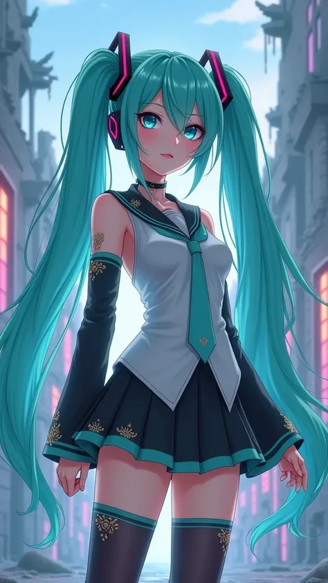 Genius cosplayer girl of Hatsune Miku, intricate detail Highly Detailed Eyes, Faded, Japanese high school sailor suit, ,(Fondo de ruinas de mazmorra en ruinas colored glass background:1.4 ), 16K resolution, RAW, Nikon Z9, Creative, Masterpiece, Fantasy, Hi...