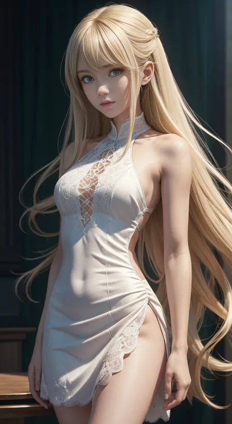 Ultra-detailed and intricate 3D rendering of a beautiful anime character, Beautiful soft studio light, Rim Light, Vivid details, Gorgeous, race, Ultra-realistic, Blonde, Ultra-realisticな中世の世界で親密な部分を表現, from front, looking at viewer, depressed, A teenage cu...