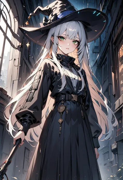 1woman, tall, best quality, ultra-detailed, extremely detailed CG, perfect anatomy, detailed, ((black robe)), ((long skirt)), {blue cloak}, very long white hair, green eyes, Witch Hat, cyberpunk, holding silver chandelier staff