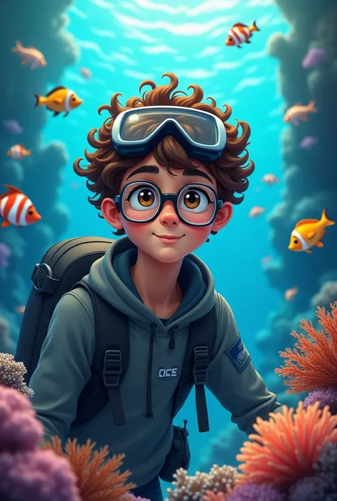 A 1 male teenage marine biologist with glasses and curly hair