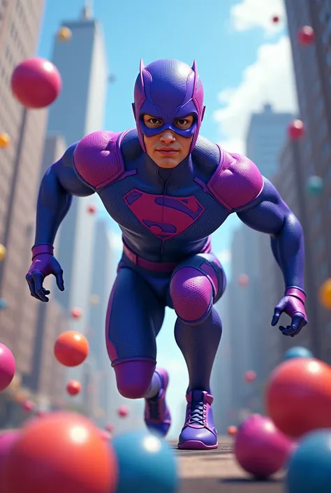 an edgy super hero whose power is to control bouncy balls of all sizes.
His name is “The Bouncy Baller”.

He wears a purple and blue super suit that looks almost like athletics clothes and a mask to conceal his identity. He throws colorful balls of all siz...