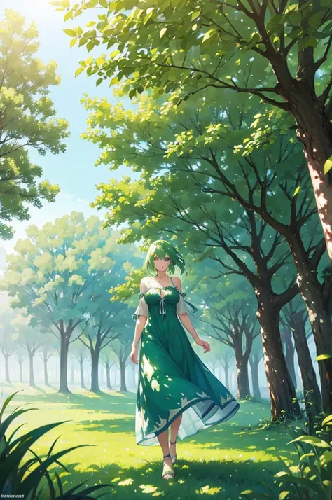 A character with green hair and blue eyes, wearing a flowy summer dress, standing under a large tree with sunlight filtering through the leaves. The scene captures the feeling of a breezy, Sunny day Attractive and large breasts