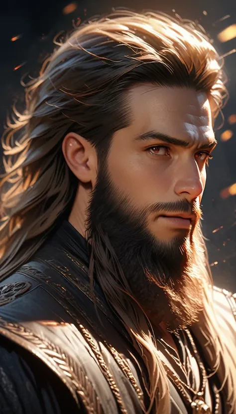 a young bearded man, highly detailed face, piercing eyes, rugged facial features, long beard, intense expression, chiseled jawline, natural lighting, moody atmosphere, cinematic composition, dramatic lighting, shadow and highlights, realistic rendering, ph...