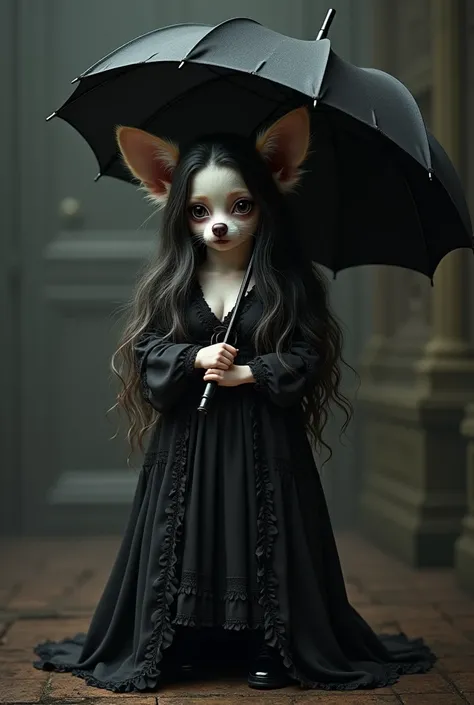 Long Coat Chihuahua、Personification、Short height and minimalist looks、She has long hair with a black base and blonde inner color.、Her clothes are gothic and frilly、Her breasts are large and her cleavage is visible.、Wearing loose socks、Holding a black paras...