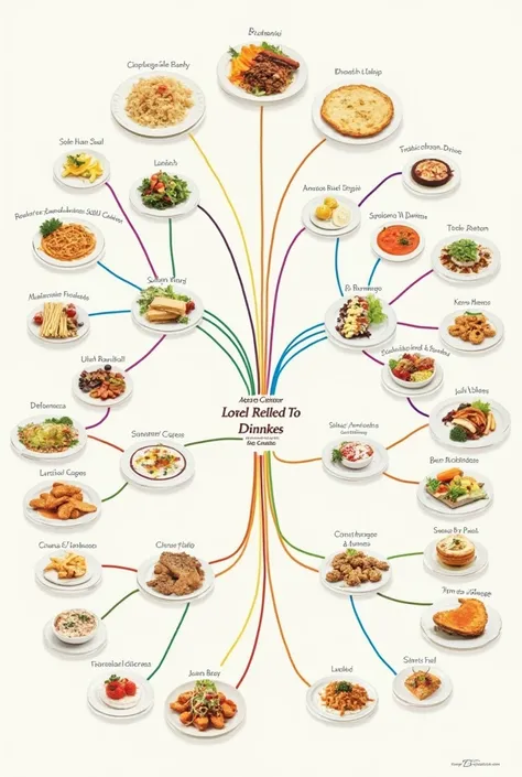 create an image illustrating a meal plan with recipes from breakfast to dinner in the form of a mind map