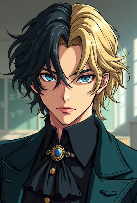 Man with blond and black hair Blue eyes, Victorian clothes Wavy hair Jojo anime drawing style Teenager with a school background Cold and serious look