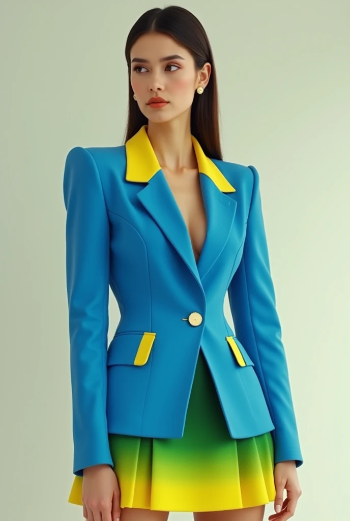 female body. Blue blazer with yellow details on the collar and pockets. Short, flared skirt with green and yellow gradient. elegant set