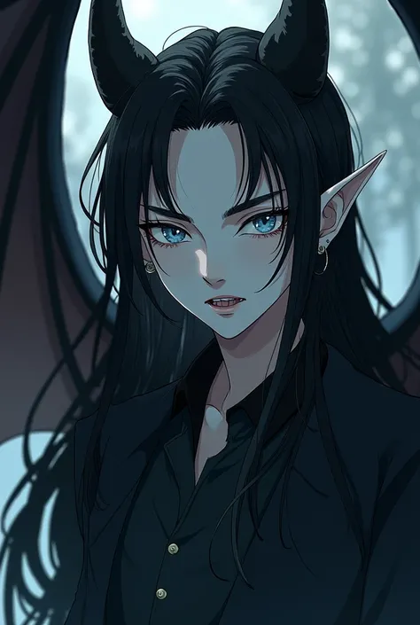 Erik is a male bat-like demon. He is 195 cm tall, has pale white skin; his eyes are a very light pale blue with soft grey sclera, with a subtly smudged eyeliner on the lower waterline. He has pointy ears and long black hair that reaches under his shoulder....