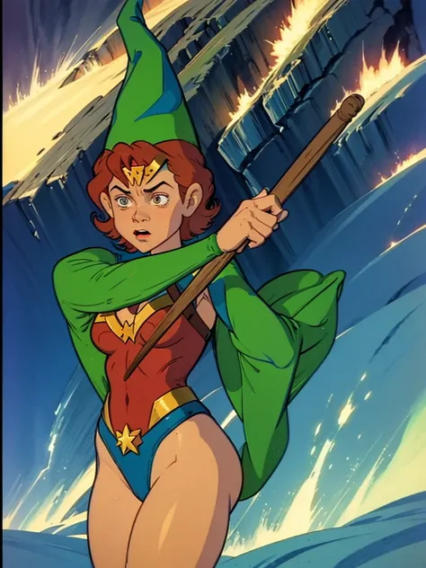 a redhead cartoon character, wonder woman outfit, green leotard, very muscular,  male wizard, 1980s cartoon, animated episode still, Presto (((mad))), ((Wears a wizard hat))