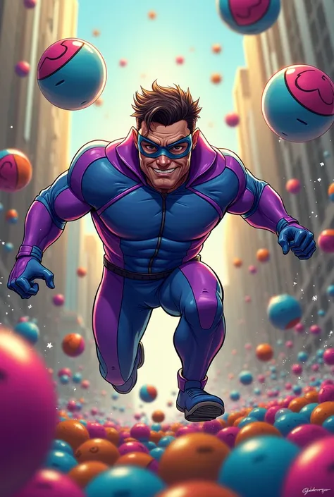 A B-rate hero whose power is to control bouncy balls of all sizes.
His name is “The Bouncy Baller”.

He wears a purple and blue super suit that looks almost like athletics clothes and a mask to conceal his identity. He throws colorful balls of all sizes