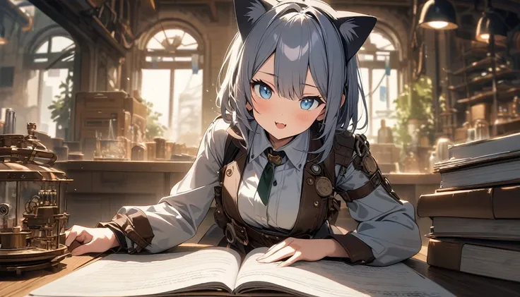 アニメ style,score up_9,score up_8,score up_7,source_アニメ,masterpiece,best quality,super fine illustration,super detailed,8k,1 girl,18yo,独奏,cute,(cat years:1.2),Alchemist,,Steampunk,fantasy,BREAK she is studying.BREAK she is teached by viewer.BREAK in Research...