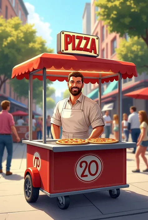 (drawing:1.2) A 30-year-old man with his pizza stand
